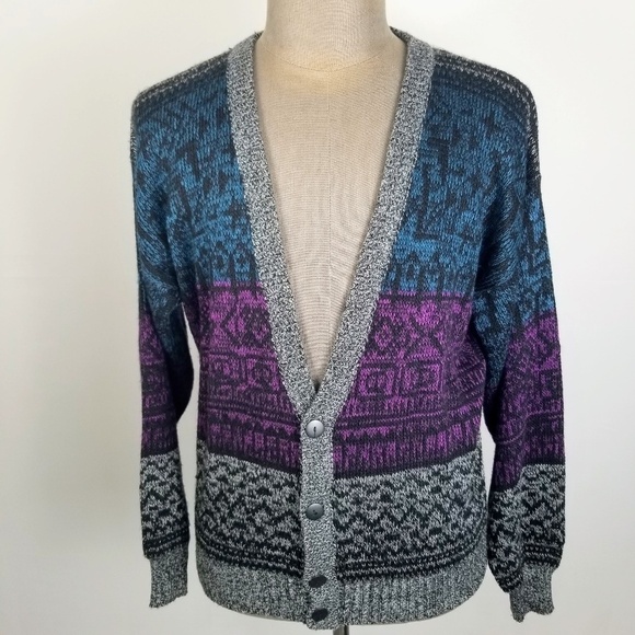 Vintage 90s Purple and Teal Printed Cozy Cardigan Grandpa Sweater Size Large - Picture 1 of 7